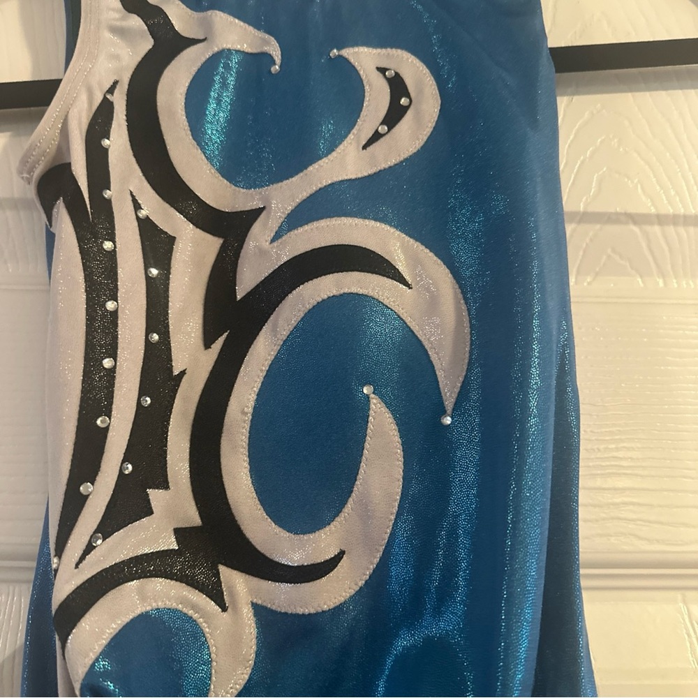 Snowflake Designs Gymnastics Leotard Holographic Teal Black & White Size L - Picture 3 of 5